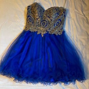 Blue & Gold Strapless Homecoming Dress
